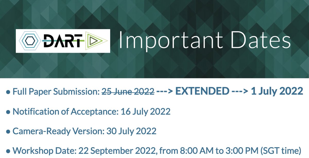 DART workshop @MICCAI 2023 (@dartmiccai) on Twitter photo 🚨Paper Submission Deadline Extended🚨
New deadline: 1 July 2022, 23:59 PST
Quite a few authors expressed some more days could really help complete their works. We decided to provide them
Looking forward to your submissions & see u at <a href="/MICCAI_Society/">MICCAI Society</a>!
Please help share widely 🚨Paper Submission Deadline Extended🚨
New deadline: 1 July 2022, 23:59 PST
Quite a few authors expressed some more days could really help complete their works. We decided to provide them
Looking forward to your submissions & see u at <a href="/MICCAI_Society/">MICCAI Society</a>!
Please help share widely