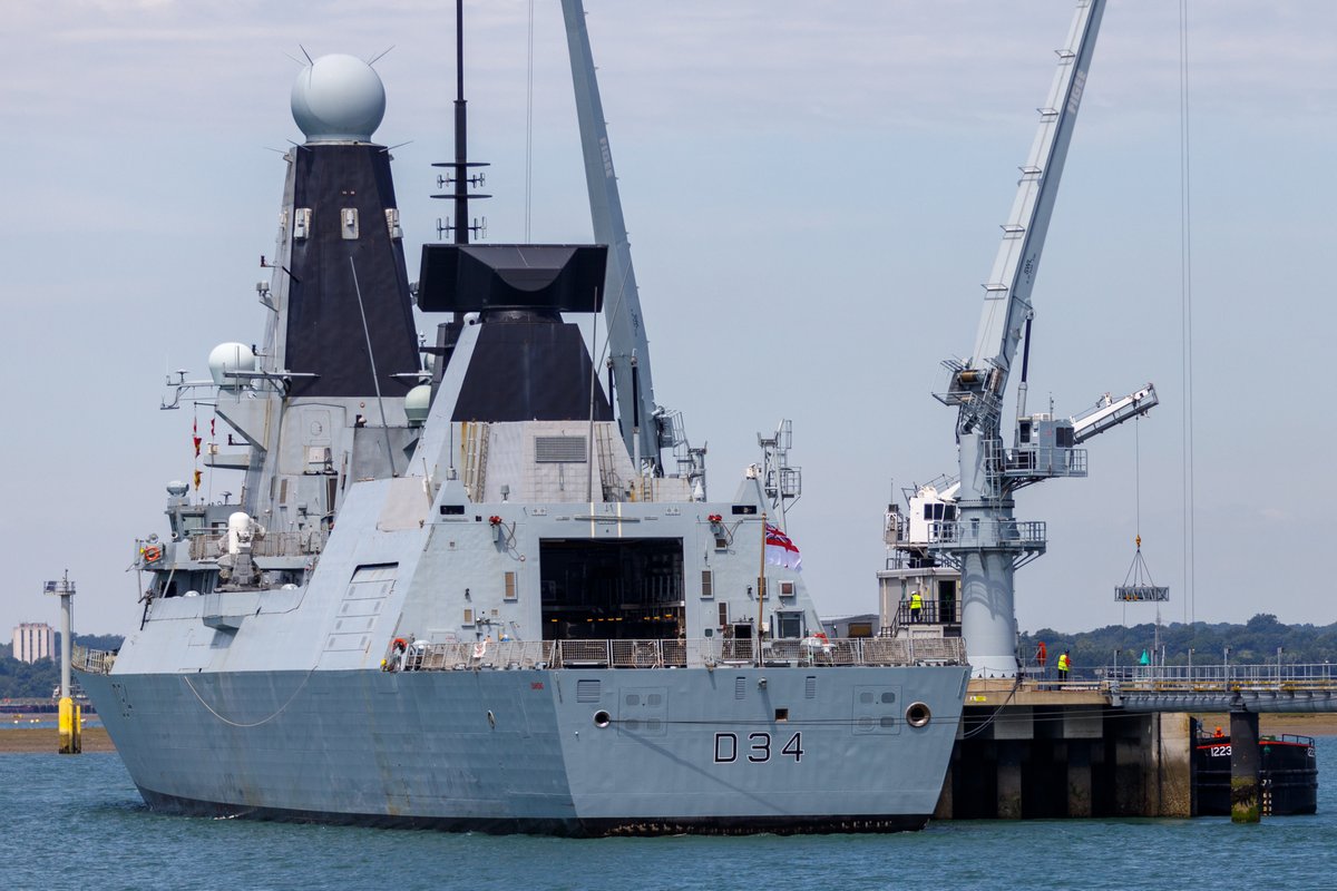 HMS Diamond (D34) alongside the Upper Harbour Ammunition Facility (UHAF) in Portsmouth Harbour. Pictured showing Aster missile being loaded 21/06/22