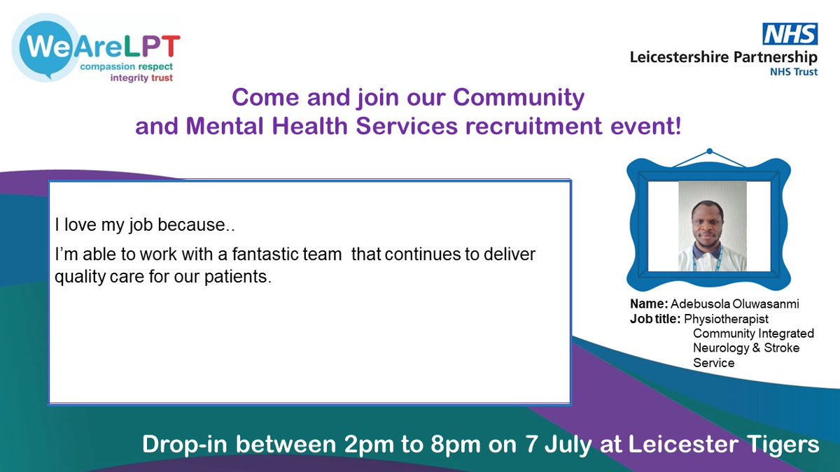Come and join our recruitment event on 7 July! Help us to create high quality compassionate care and wellbeing for all. We have a wide range of clinical and non-clinical roles available to work in our community health and mental health services.

leicspart.nhs.uk/jobs/how-to-jo…