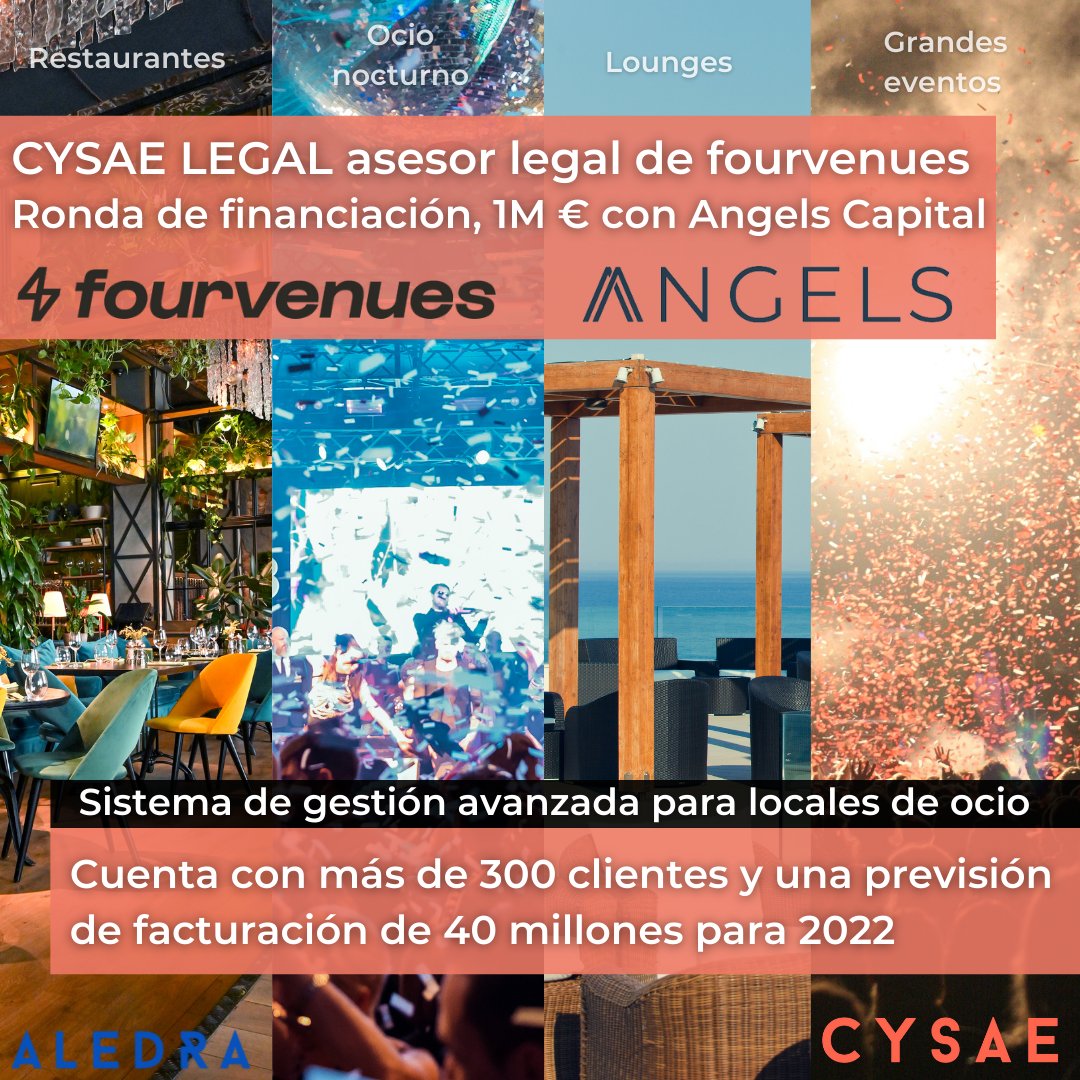 cysae_legal's tweet photo. Enhorabuena a todo el equipo de fourvenues por cerrar la ronda de 1M€ liderada por @angels_capital, en la cual hemos asesorado legalmente. 

Fourvenues es un novedoso #SaaS de gestión para promotores de discotecas, beach clubs y festivales que está pegando fuerte. https://t.co/0L5jYZ6ws7