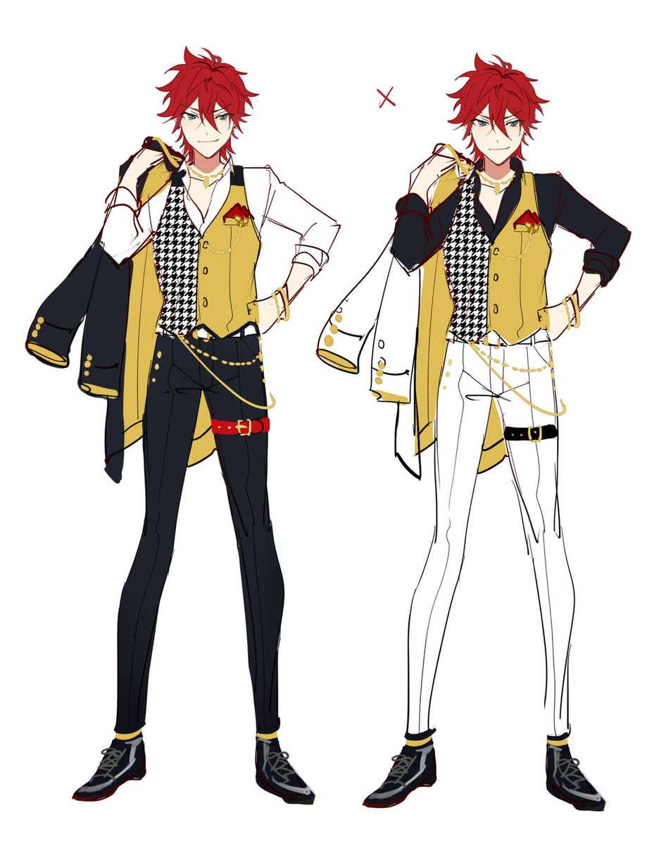 male focus red hair jewelry jacket 1boy hand on hip pants  illustration images