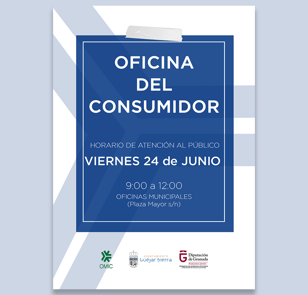 guejarsierra_'s tweet photo. #INFO 

Este viernes, 24 de junio,  en horario de 9 a 12 horas, en las oficinas municipales del ayuntamiento, habrá atención presencial de la Oficina del Consumidor. https://t.co/RWKkCOaKRT
