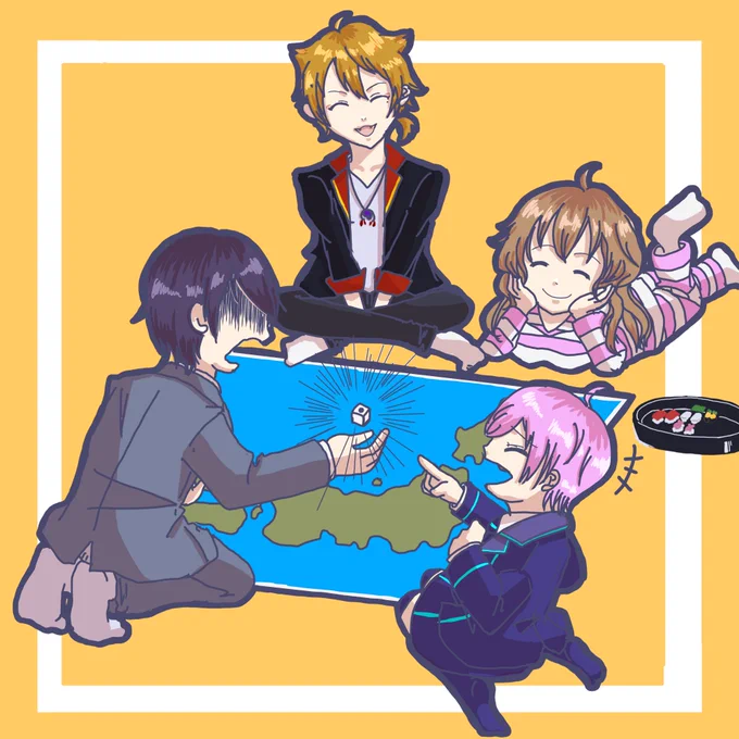 ハピトリが楽しそうに桃鉄してたので絵を描いてみた。顔を上げたら剣持刀也が80億の借金を背負っていた。 #むぎあーと #りりあーと #絵ガク #金剛力也像 