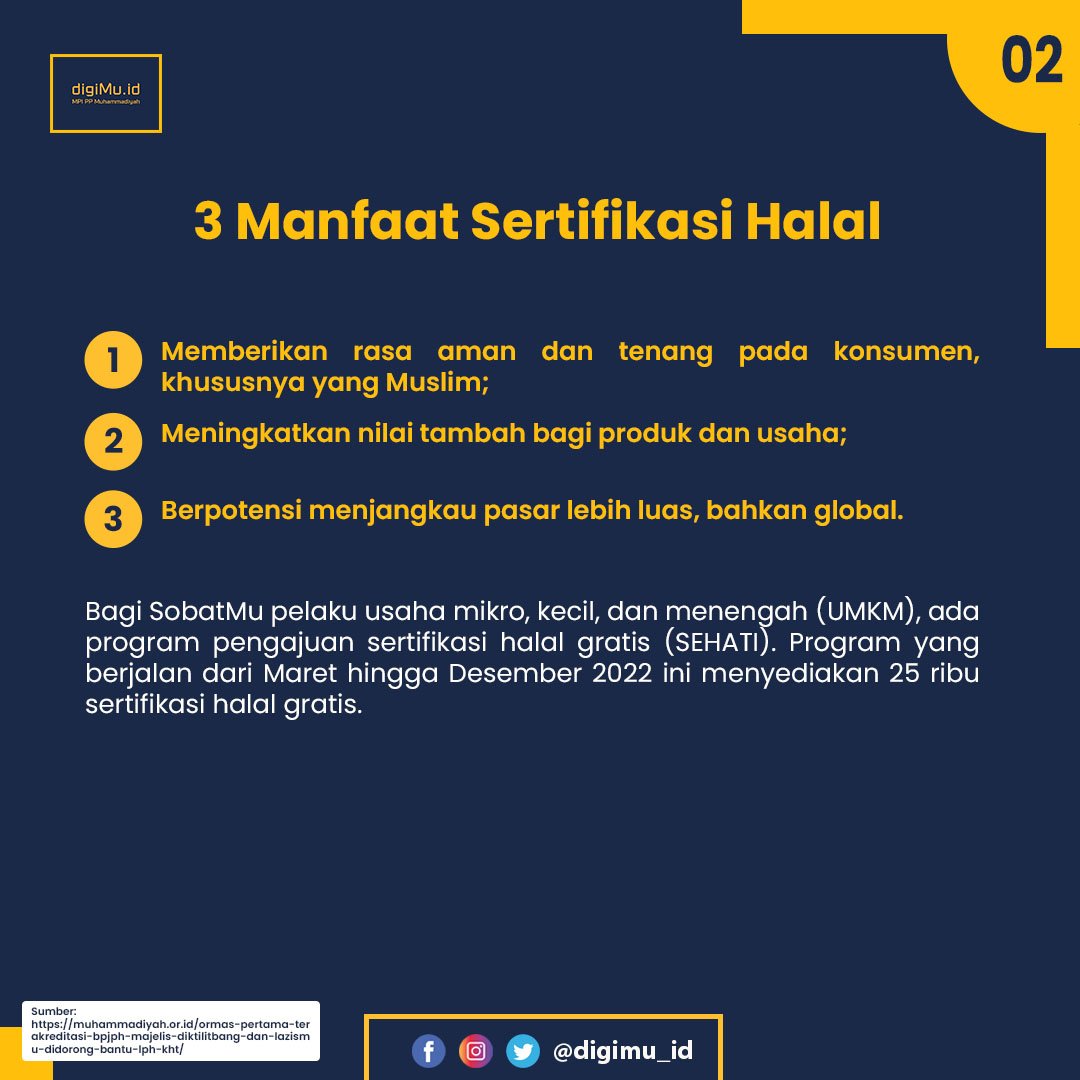 digimu_id's tweet photo. Salah satu fokus Persyarikatan Muhammadiyah saat ini adalah ekonomi. 

Nah, dengan adanya Lembaga Pemeriksa Halal dan Kajian Halal Thayyiban (LPH-KHT) PP Muhammadiyah, sobatMu bisa mengajukan sertifikasi halal maupun konsultasi produk. 

#DigiMuID #Muhammadiyah #Aisyiyah #halal https://t.co/L0xRTNbcRt