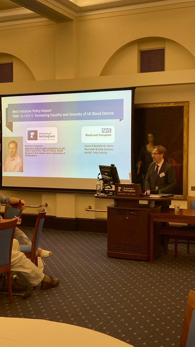 Absolutely delighted to hear that my colleague, Professor Eamonn Ferguson, has been received the Best Policy Impact award for our work on blood donation in the UK. <a href="/UoN_Institute/">Nottingham Institute for Policy and Engagement</a> #NottinghamEngaged