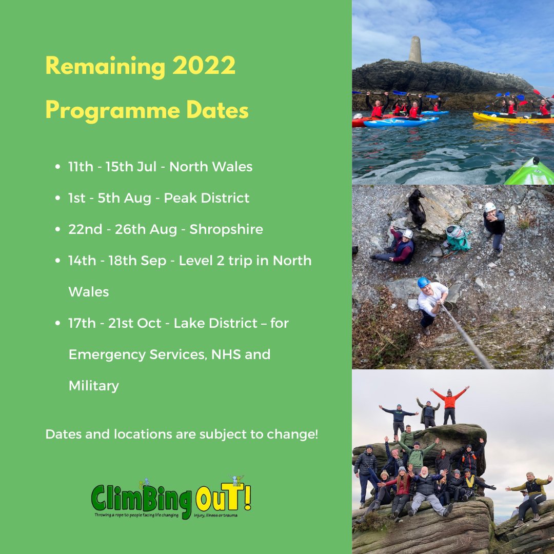 ClimbingOut_'s tweet photo. There are fully funded places on our programmes waiting to be filled by people who have been through a mental or physical trauma.
Can we help someone you know?
Find out more about our charity here:
https://t.co/ZheQ90sOnK
#traumahealing #mentalhealthawareness #supportforNHS https://t.co/SnplA2rxnN