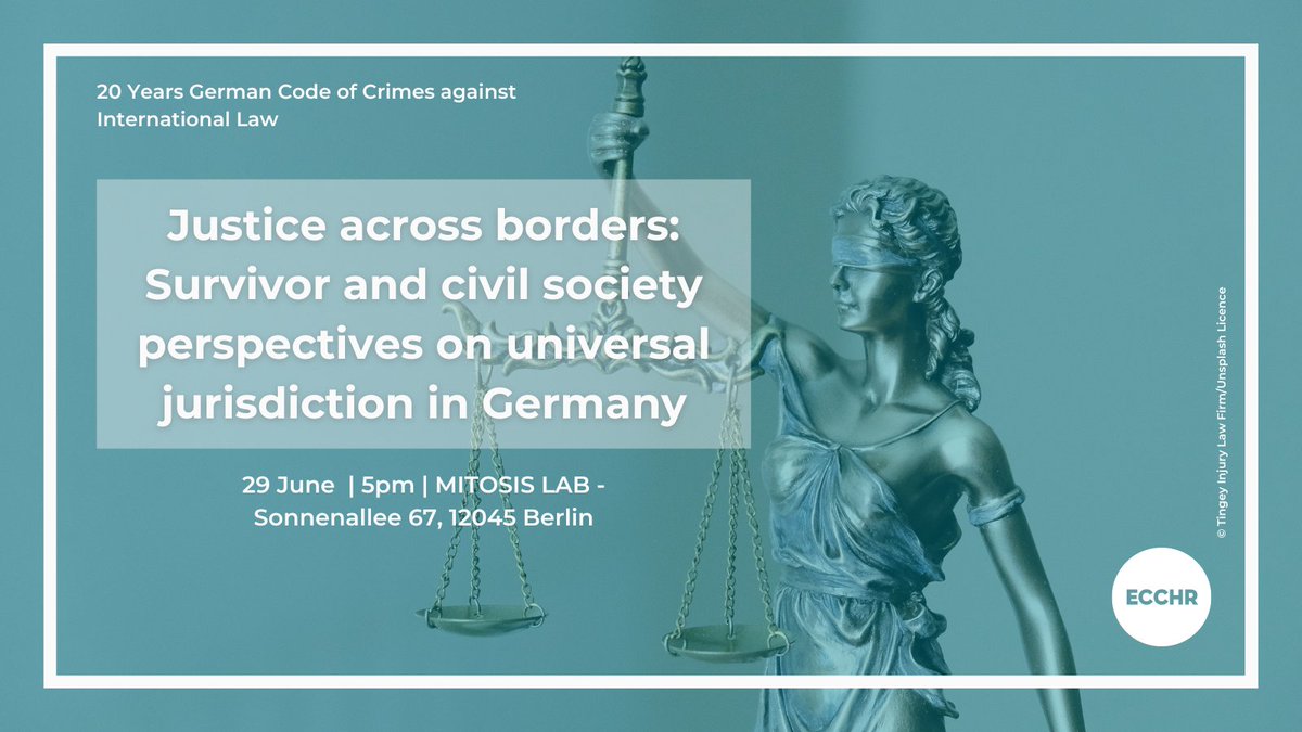 ECCHRBerlin's tweet photo. ⚖️ Struggles for justice &amp; accountability are not confined by borders - this is where the principle of universal jurisdiction (UJ) comes into play.

After 20yrs of German UJ legislation, we want to engage in a critical exchange on those justice efforts 👉 https://t.co/vqYkCxXGVz https://t.co/pjTC1nt9Hl