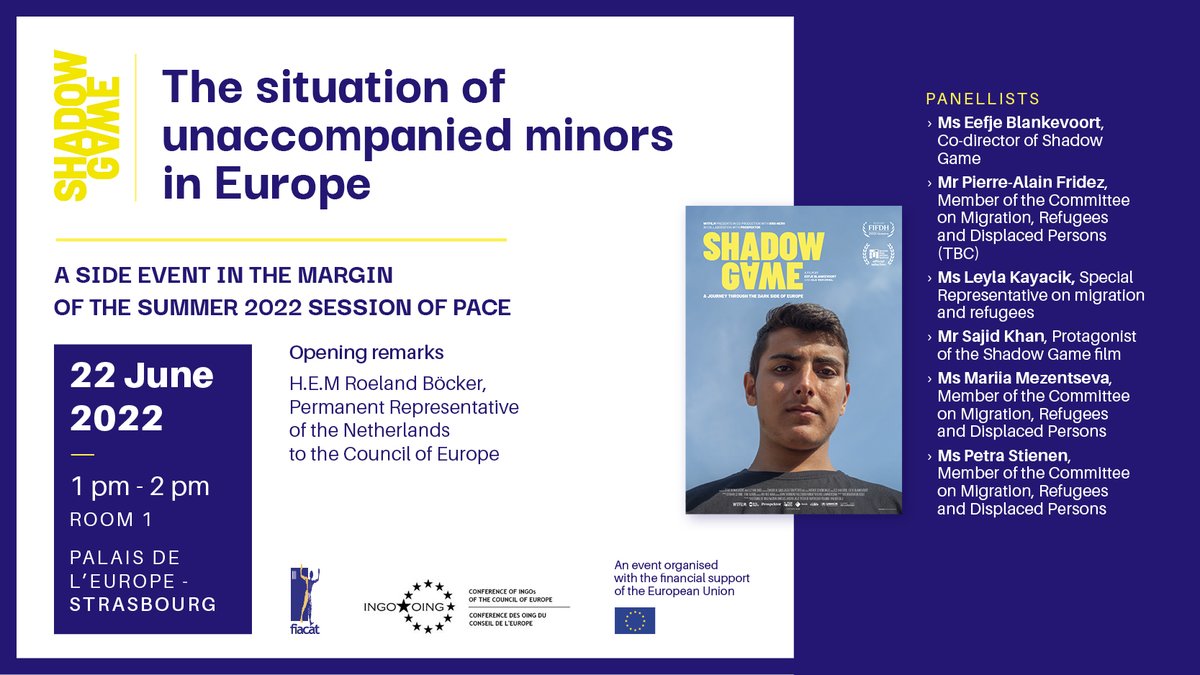 NLatCoE's tweet image. Tomorrow at 13h: @PACE_Migration side event on #UnaccompaniedMinors in Europe, with introduction by 🇳🇱Amb Roeland Böcker.👇 Watch prize-winning “Shadow Game” with footage from the teenagers themselves on their difficult journey shadowgame.eu/nld/film-2/ #ConferenceofINGOs