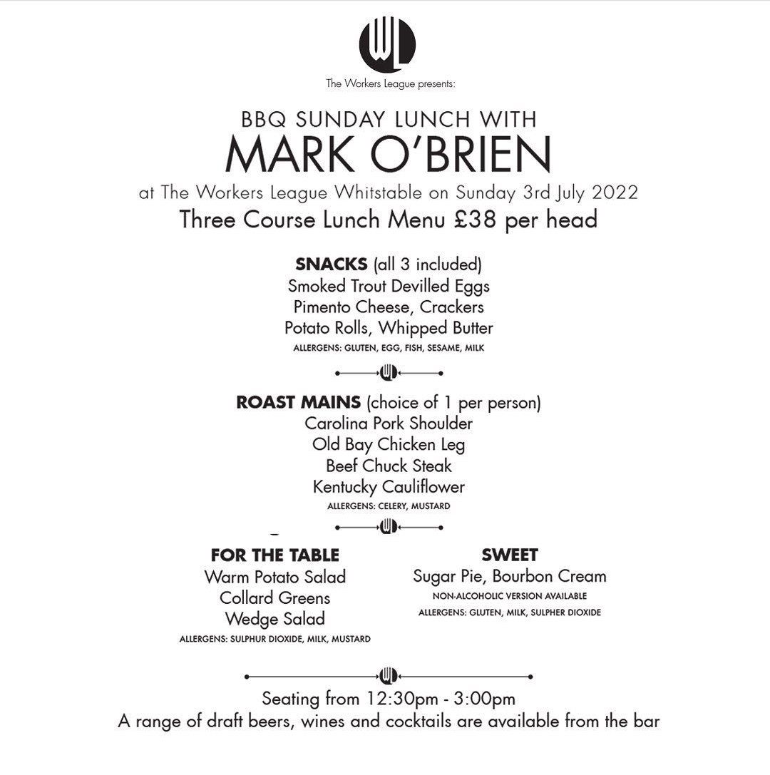 WorkersLeague's tweet image. Calling all lovers of BBQ and lazy Sunday lunches….

We’re super stoked to be hosting chef Mark O’Brien.

With years of experience at top live-fire restaurants such as Barbacoa, Smokestak, The Dairy and Robin Gill’s Birch, Mark is now head chef at Whitstable standard, Samphire.