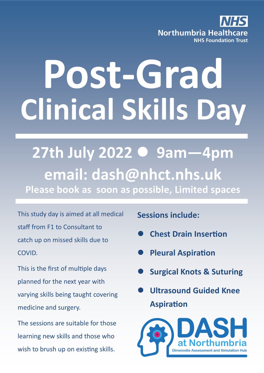 Calling all Doctors! We have an exiting collection of clinical skills days coming up covering missed learning oppotunities during COVID. The workshop sessions are suitable for ANY Doctor from F1 to Consultant. The first date is 27th July. Email Dash@nhct.nhs.uk