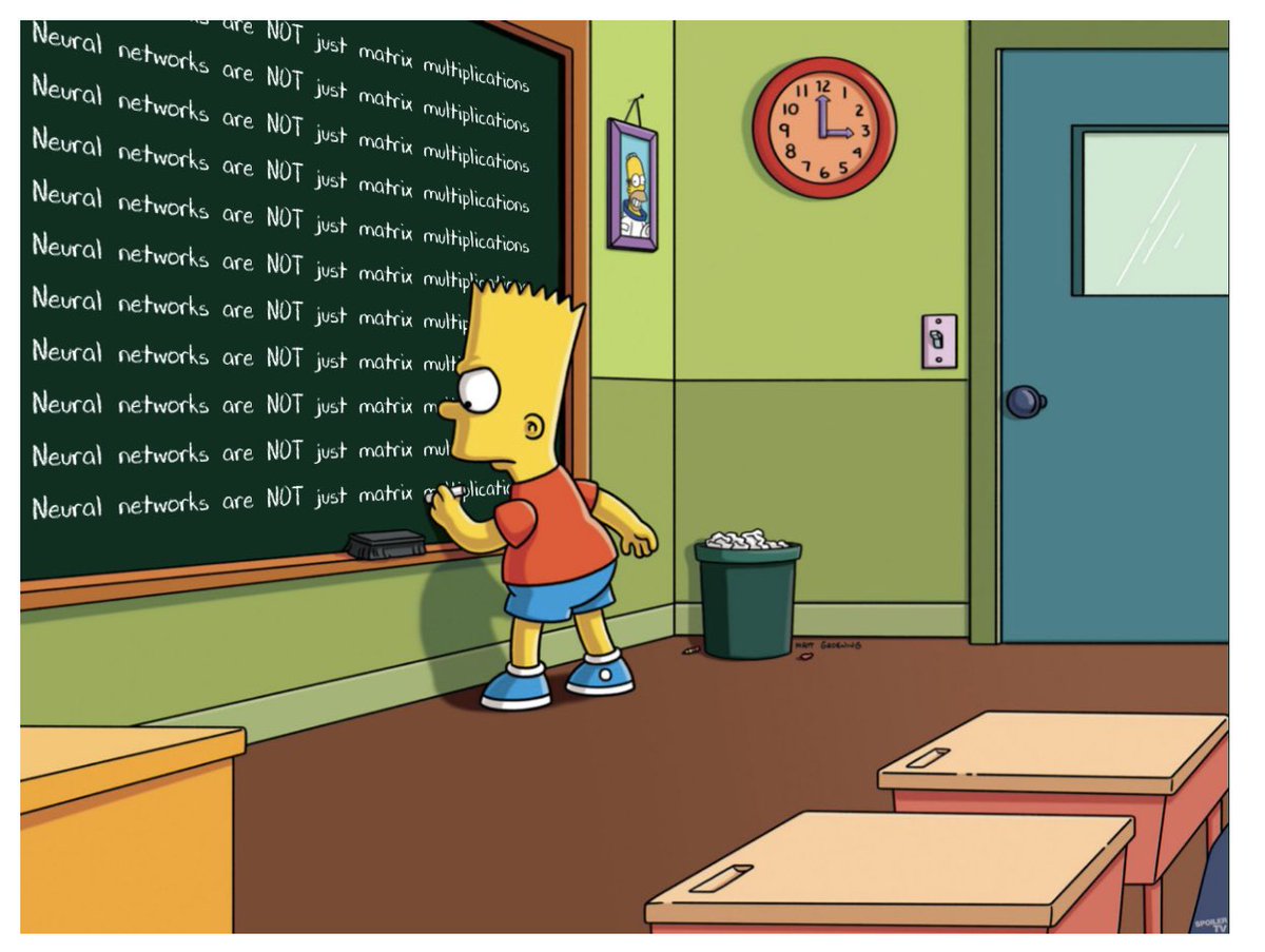 It’s mind boggling how many otherwise smart people think that neural networks are JUST about matrix multiplication. They LITERALLY wouldn’t work if that were the case.
