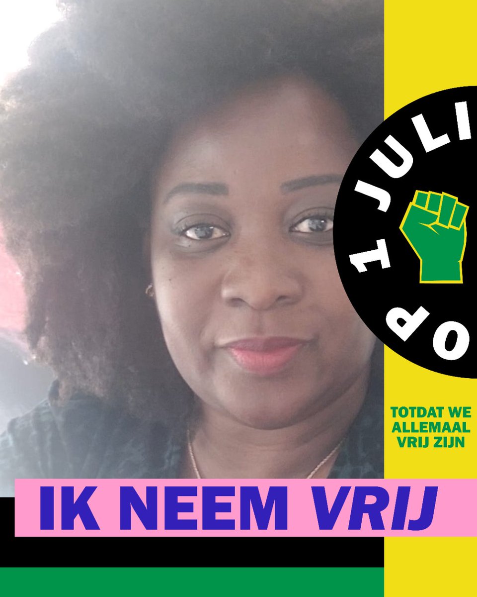 Ik neem vrij op 1 juli, omdat 1 juli (of wel Keti Koti of Dia di Abolishon) een nationale herdenkings- en feestdag moet worden, waarop we vrij zijn. Doe mee, neem ook vrij, totdat we allemaal vrij zijn. En deel een foto van jezelf met #1julivrij. Check: ikneemvrijop1juli.nl.