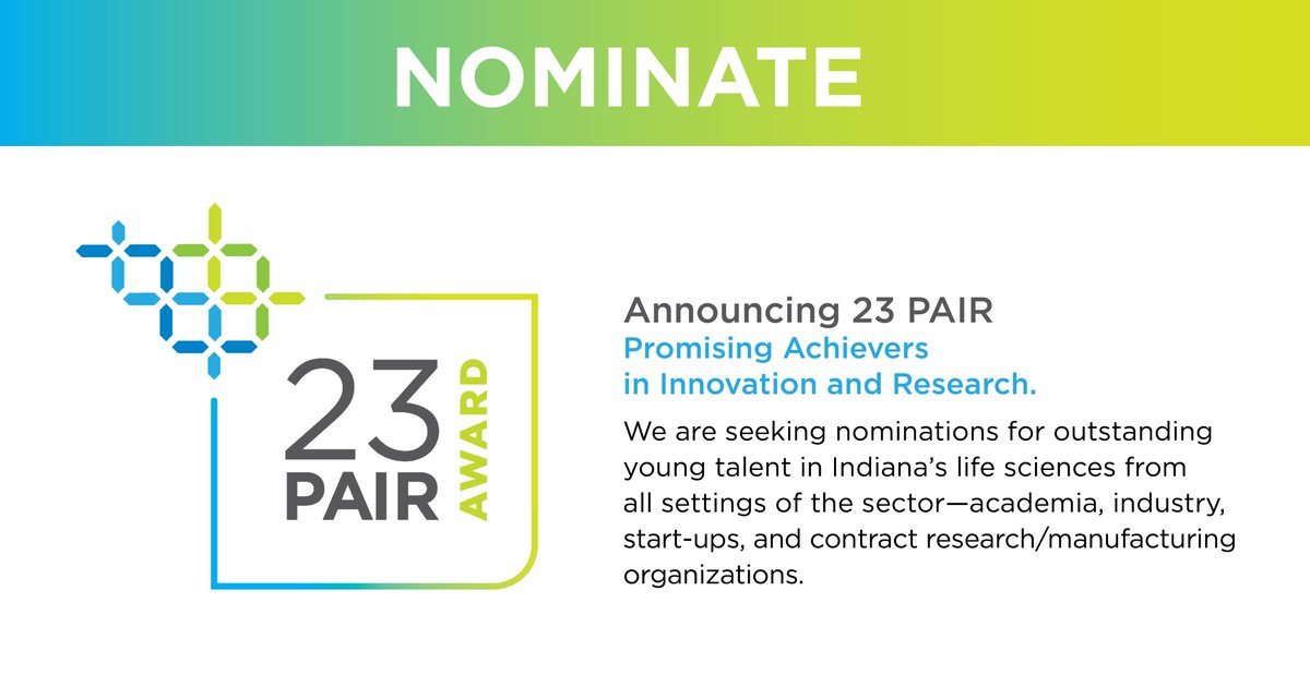 Indiana’s next generation #lifescience leaders are innovating, discovering, developing &amp; delivering in new &amp; creative ways. They deserve a spotlight. Our new #23PAIR gives them that. Nominate a young #lifescience leader now before the June 30 deadline! biocrossroads.com/23pair/