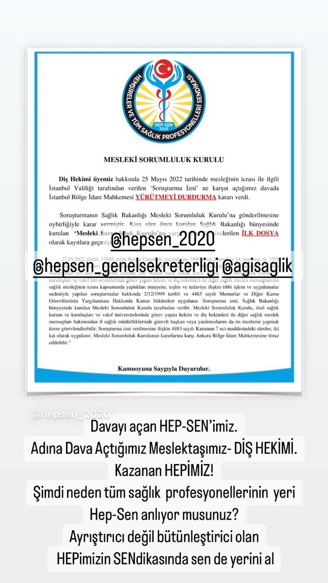 Mesleki Sorumluluk Kuruluna gönderilerek mağduriyetin önlendiği İLK DOSYA Hep-Sen’imizden! DİŞ HEKİMİ üyemize dair hukuk zaferimiz! HEPimizin SENdikası <a href="/hepsen_2020/">HEP-SEN</a> vizyonu tam olarak budur. Diğerleri varsın damgalamaya çalışsın, biz işimize bakıyoruz. #HEPimizinSENdikası