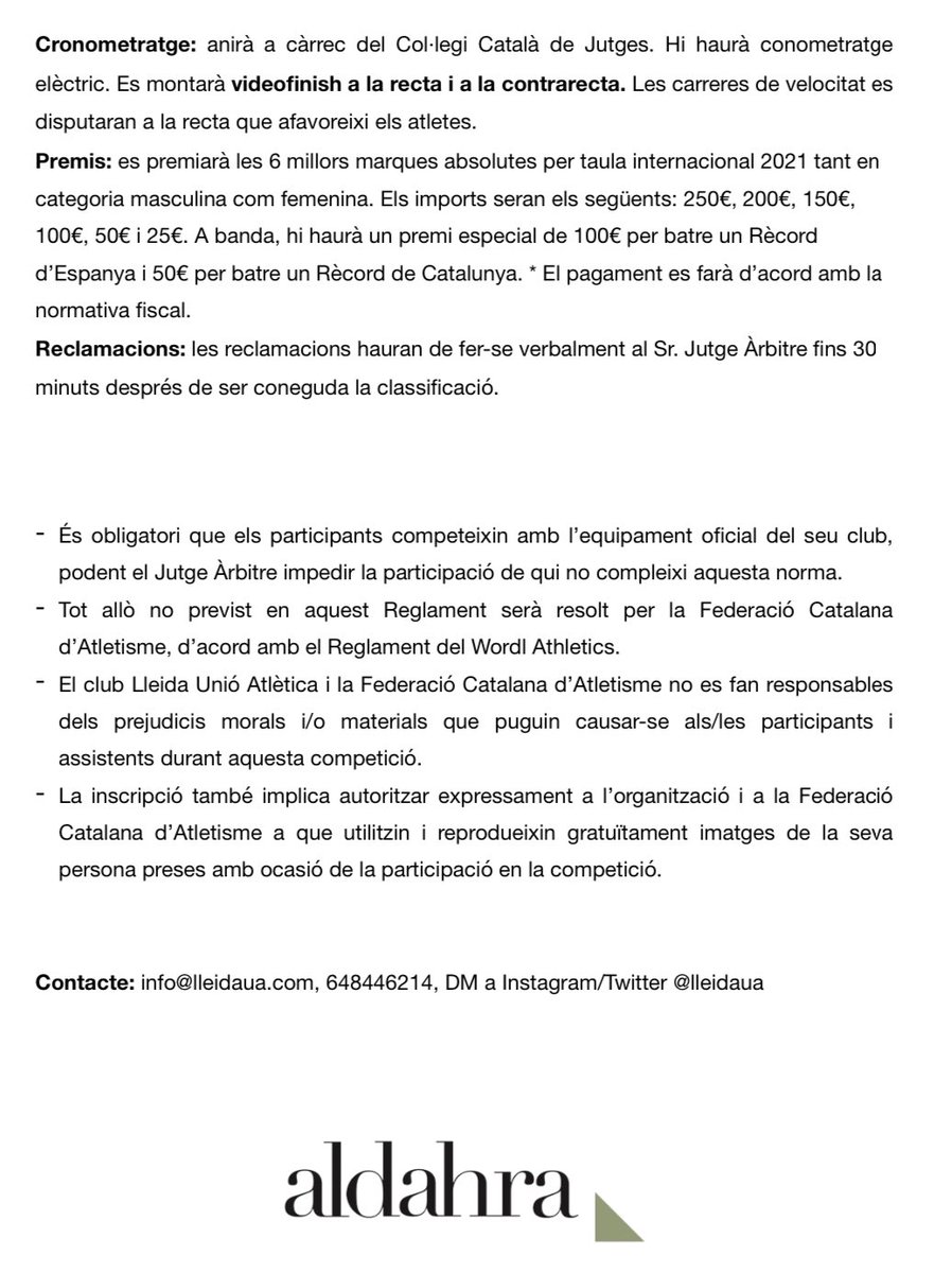 1r Míting Aldahra de velocitat i mig fons💥

Tenim dos atletes confirmats que intentaran batre un RESP🤯

Premis econòmics pels 6 primers 🏃🏽‍♂️🏃🏽‍♀️ per taula internacional. Premi especial per RESP i RCAT.

Videofinish a la recta i contrarecta🤩