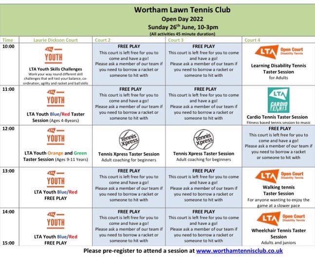 🎾OPEN DAY 2022🎾
We are excited to be opening up the club to all on Sunday 26th June. 
Come &amp; try tennis for free and get involved in our free taster sessions➡️
LTA Youth, Cardio Tennis, Tennis Xpress, Walking Tennis, Disability Tennis, Wheelchair Tennis.
See you on court!