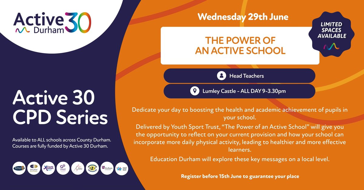 EduDurhamKateS's tweet photo. Looking forward to seeing SLT &amp; reps (governors &amp; staff welcome too) at #Active30Durham partnership FREE CPD delivered by @YouthSportTrust &amp; myself #EducationDurham @DCC_CommServ exploring the power of an active school with local &amp; national insight.https://t.co/JT1ueLe5iN https://t.co/y3dZtl4lN3