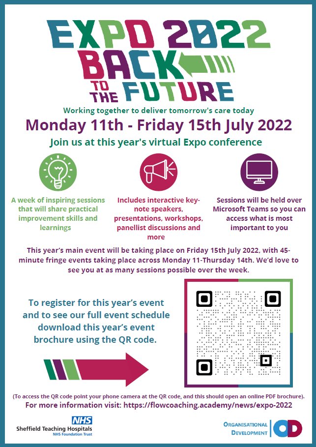 Registration is open for this years Expo Conference 2022! Scan the QR code to sign onto sessions throughout the week or visit the link below bit.ly/3HDIwUs &amp; please share with your health &amp; social care colleagues 👍🏻 #improvement #NHS #STH