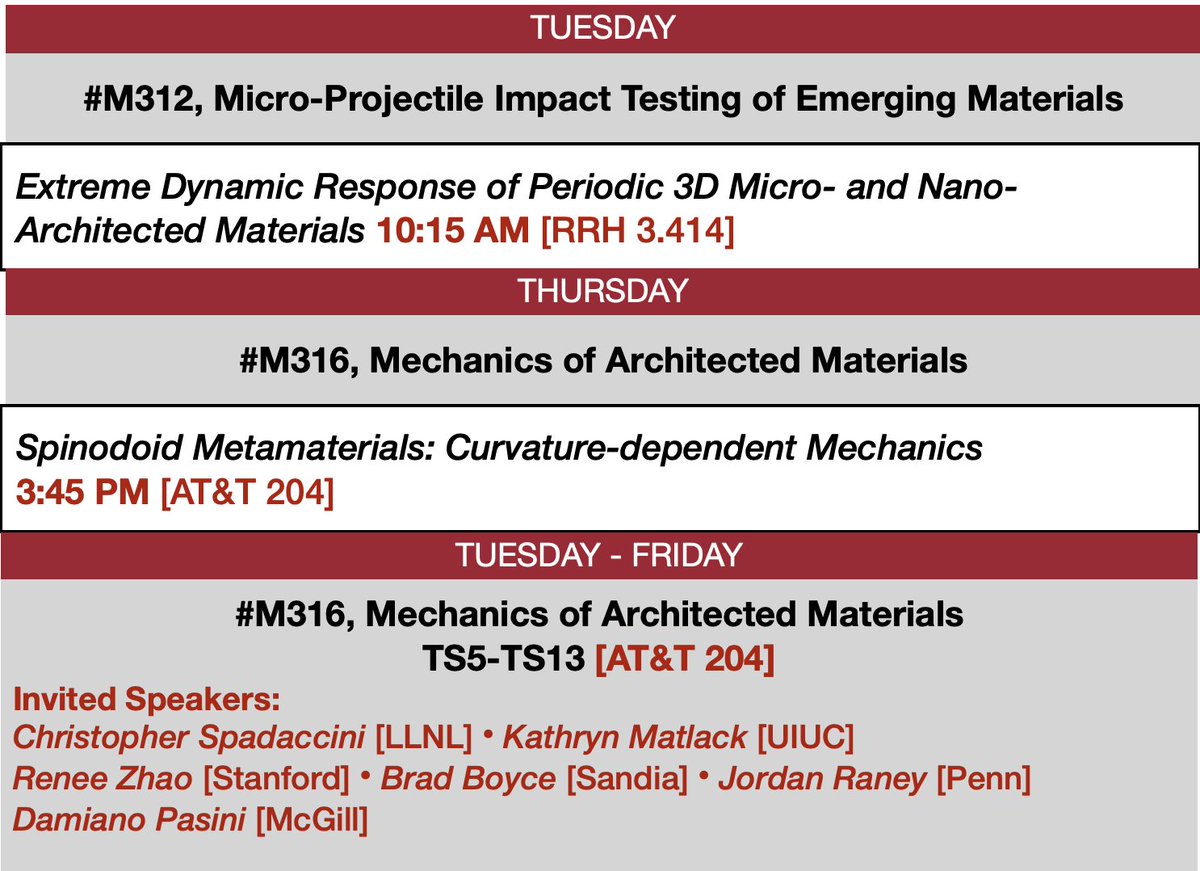 If at #USNCTAM2022 , I will deliver 2 talks on our work on architected materials under extreme conditions [today] and mech. of self-architected materials [Thurs.]. 

Our 9-session symposium MS316 on Architected Materials also kicks off today! Looking forward to connecting!