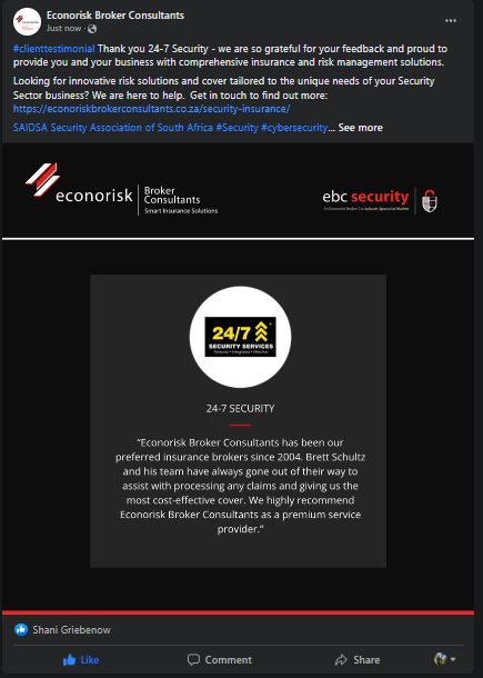EconoriskBC's tweet photo. #clienttestimonial Thank you 24-7 Security - we are so grateful for your feedback and proud to provide you and your business with comprehensive insurance and risk management solutions.

Looking for innovative risk solutions? Get in touch: https://t.co/jv0cMVgtKt @brettnschultz https://t.co/4WRjTv11v0