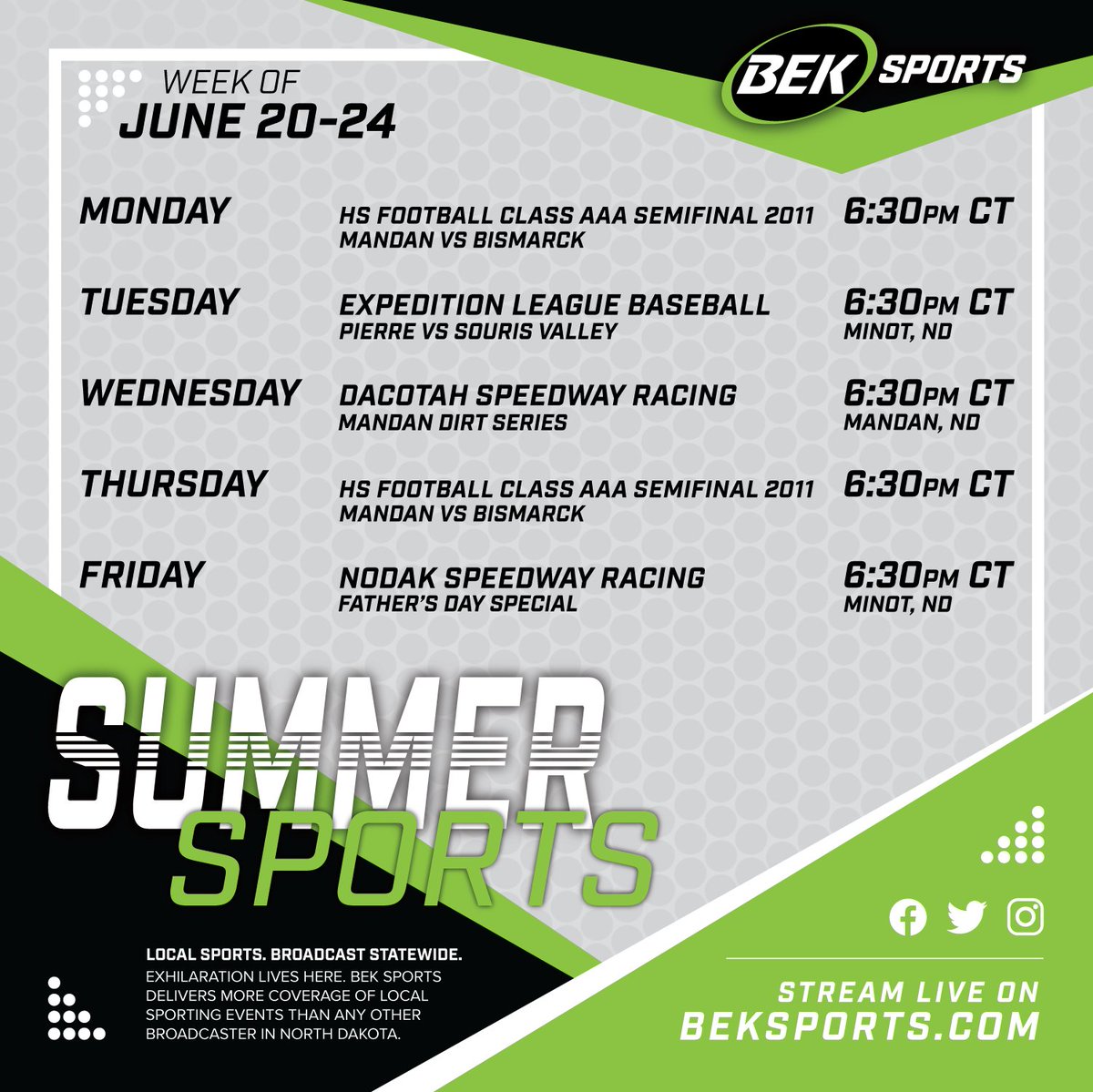 The first Expedition League Baseball game on BEK this summer is TONIGHT. 

Pierre vs. Souris Valley ⚾️

The rest of this weeks BEK sports programming ⬇️

#CollegeBaseball