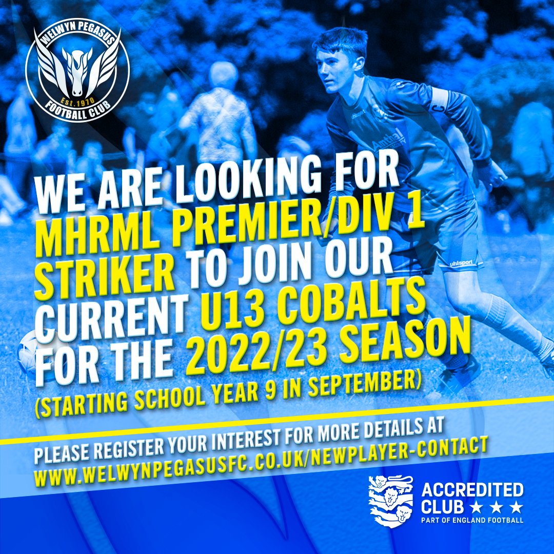 welwynpegasusfc's tweet photo. We have an opportunity for a #striker to join our current #U13 #Cobalts ready for the 22/23 season.
Try out at one of our training sessions.
If you're up for a new challenge, please register at:
https://t.co/M1NxR70a5d
#WeArePegasusFC #Grassrootsfootball #MHRML #football https://t.co/ZlESvMpyMK