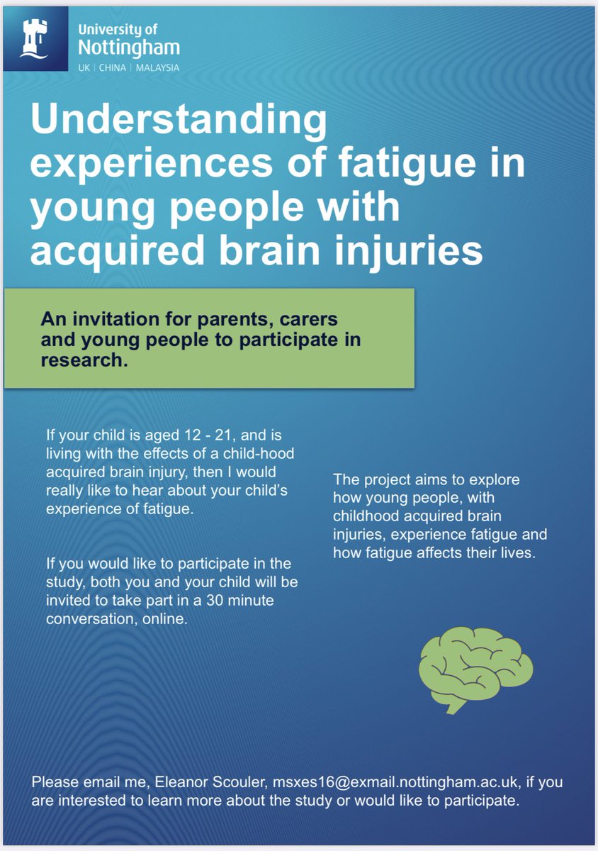 Emily Bennett (@embennett78) on Twitter photo Are you a young person with #ABI or their or a parent/carer? We would love to get you involved in a study exploring experiences of #fatigue after #braininjury Please see 👇 poster and get in touch if you are interested <a href="/NABLES10/">NABLES</a> <a href="/EdenDoraTrust/">Eden Dora Trust for Children with Encephalitis</a> <a href="/cbituk/">Child Brain Injury Trust</a> <a href="/Childrens_Trust/">The Children's Trust</a> @RecoloUK Are you a young person with #ABI or their or a parent/carer? We would love to get you involved in a study exploring experiences of #fatigue after #braininjury Please see 👇 poster and get in touch if you are interested <a href="/NABLES10/">NABLES</a> <a href="/EdenDoraTrust/">Eden Dora Trust for Children with Encephalitis</a> <a href="/cbituk/">Child Brain Injury Trust</a> <a href="/Childrens_Trust/">The Children's Trust</a> @RecoloUK