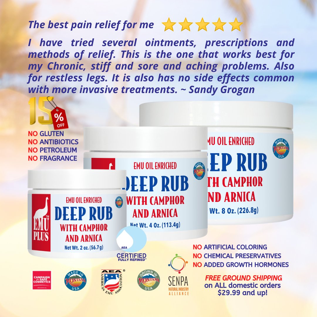 RanchEmu's tweet photo. Thanks, Sandy! Summer fun has its limits! Save 15% on our #DeepRub with #Camphor and #Arnica to alleviate sore & stiffness!
#montanaemuranch #emutrients #emuplus #EMUGency #emu #emus #emuoil #Emulove #natural #naturalproducts #local #localbusiness #localproducts #herbalmedicine https://t.co/2EK3F0BEgZ
