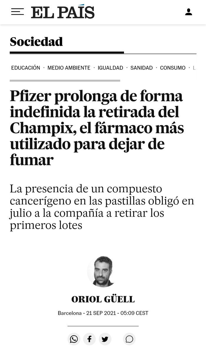 Pfizer prolonga de forma indefinida la retirada del Champix, el fármaco más  utilizado para dejar de fumar, Sociedad