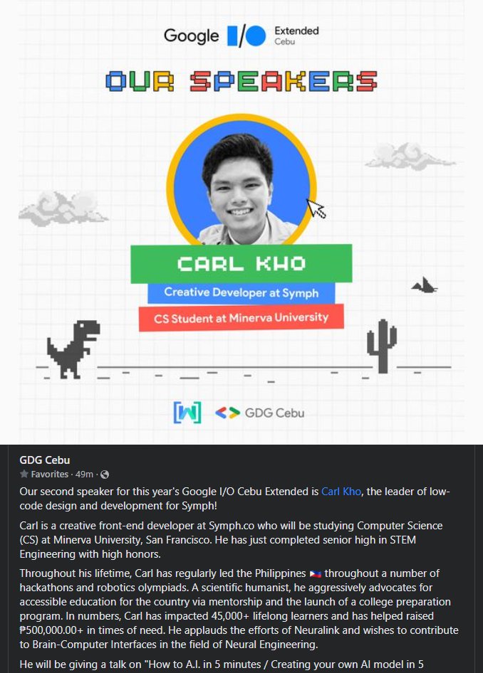 Carl_NotANerd's tweet photo. I finally made it! #FirstSpeakingEngagementforGoogle

14-year-old me could only drop my jaw as @albertpadin walked us through the latest advances in Google technology.

Want to learn how to create your own A.I. model in 5 minutes? Head over to Cebu this July 2!

#AI #GoogleIO22 https://t.co/eHyW6suqj4