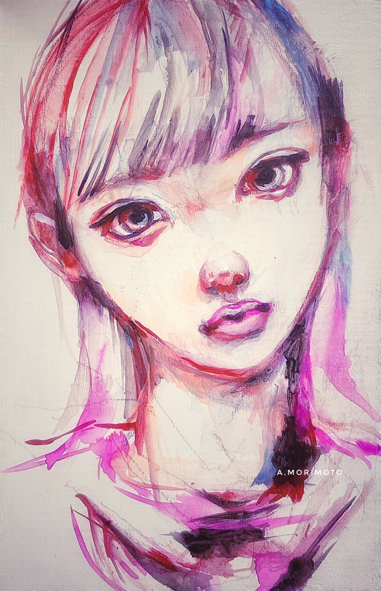 1girl solo looking at viewer traditional media portrait bangs lips  illustration images