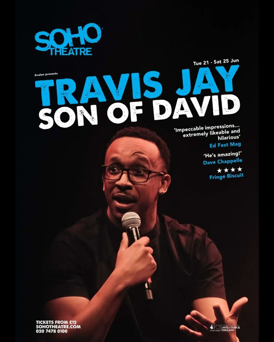 Travis Jay (@travisjayent) on Twitter photo My show #SonOfDavid opens up tonight at the <a href="/sohotheatre/">Soho Theatre</a>
Every night at 9pm right through to Saturday!
Still some tickets available, grab your tickets from the link below!
Link: sohotheatre.com/shows/travis-j… My show #SonOfDavid opens up tonight at the <a href="/sohotheatre/">Soho Theatre</a>
Every night at 9pm right through to Saturday!
Still some tickets available, grab your tickets from the link below!
Link: sohotheatre.com/shows/travis-j…