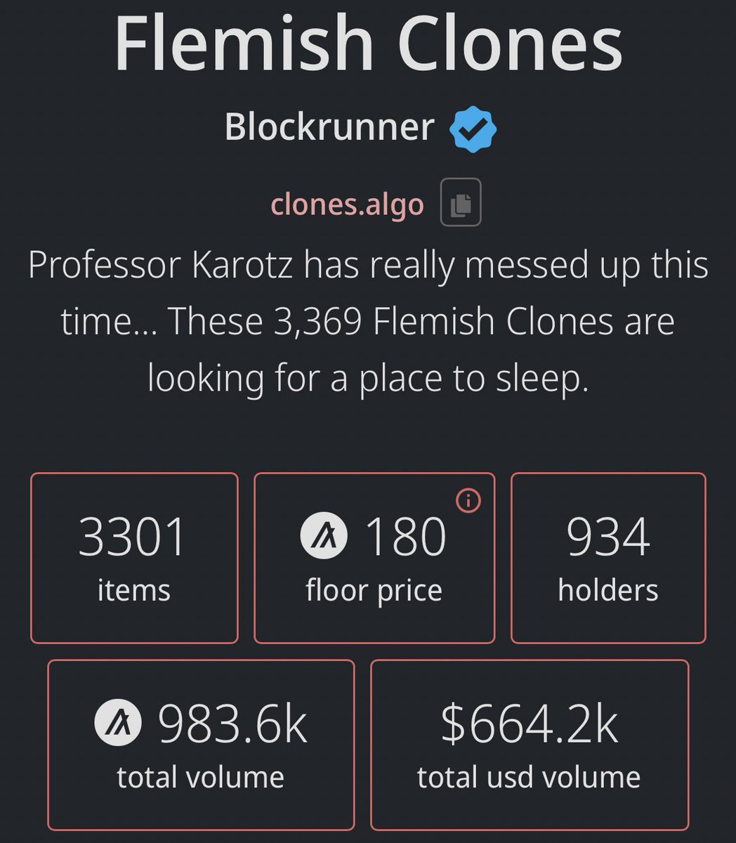 @flemishgiants clones almost at 1 milly in $algo sales 🔥 🔥 🔥 

LFG!

@Algorand @AlgoFoundation #algorand #nft #NFTCommunity #algofam