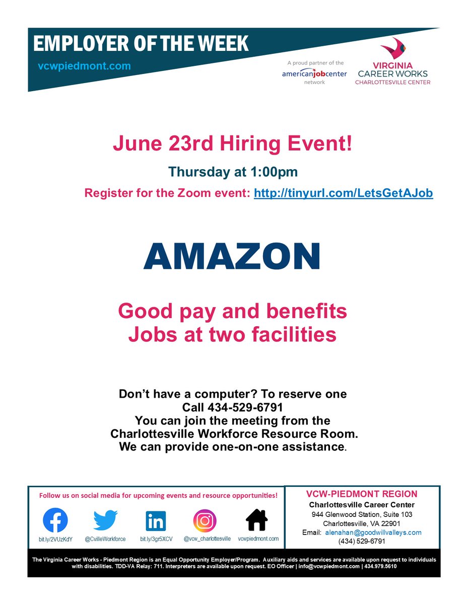 Amazon is coming!!
Recruiters will be there at 1:00 on Thursday. 
Use this link to register-tinyurl.com/LetsGetAJob