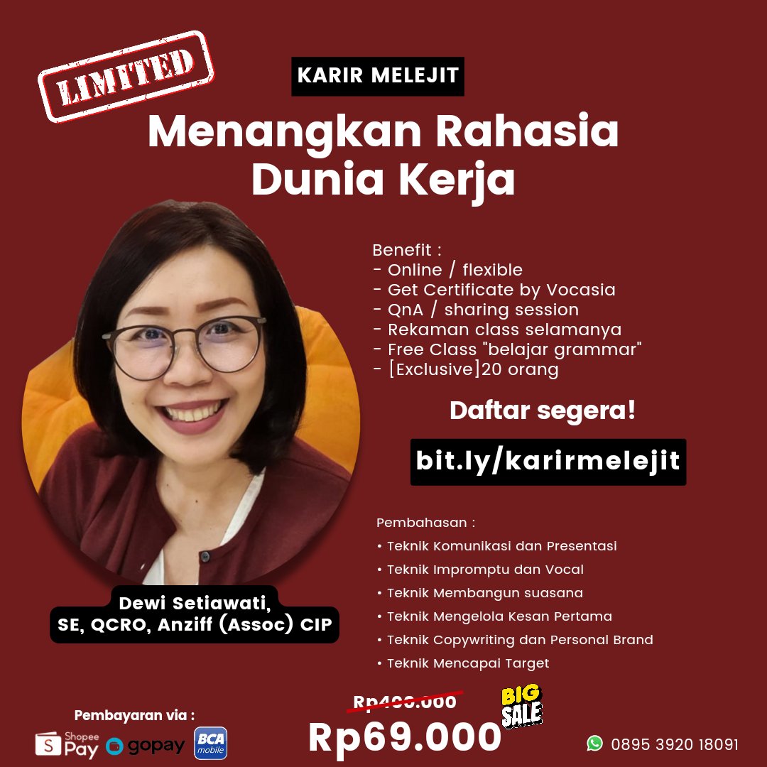 karirfess's tweet photo. ✨KOMPETISI DUNIA KERJA
 ̶R̶p̶4̶0̶0̶.̶0̶0̶0̶ ̶ to Rp69.000

Pemateri : Dewi Setiawati, SE, QCRO, Anziif (assoc) CIP – seorang Praktisi &amp; Professional pada Jasa Keuangan dengan pengalaman di bidang Sales Marketing &amp; Interpersonal Skills 24 tahun.

Daftar : https://t.co/lND7WZWyVg https://t.co/Q5Uwqk0Vh1