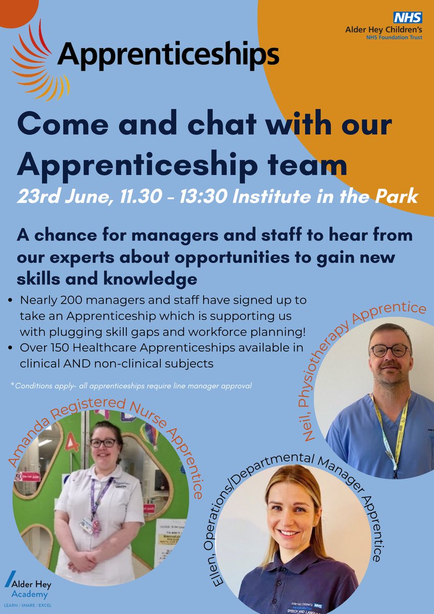 AlderHeyAcademy's tweet image. Come and chat to our wonderful Apprenticeships experts this Thursday to see what opportunities are out there for you and your team!⭐️

@AlderHey #AlwaysLearning #AlderHey #BrilliantStaff #Apprenticeships
