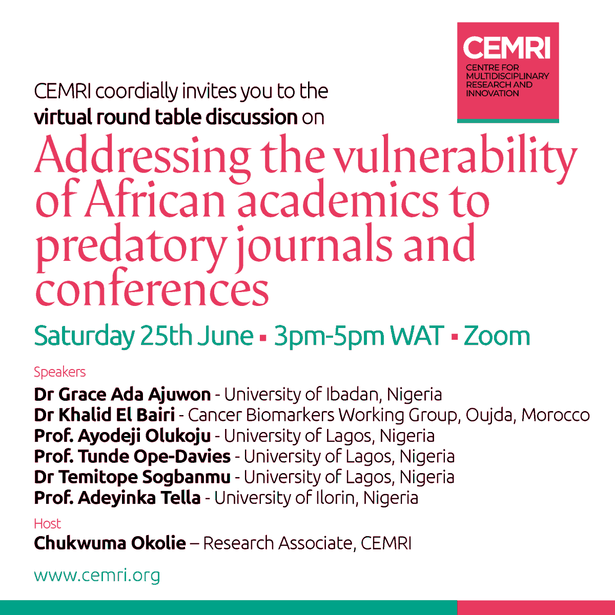 cjohnokolie's tweet photo. Join @CEMRI_Research for a roundtable discussion on ‘Addressing the vulnerability of African academics to predatory journals and conferences’. Speakers @SogbanmuTo @elbairikhalid19 Registration -
https://t.co/LFXrKqzhuu
#CEMRI #africa #research https://t.co/L9JtuvX2Ux