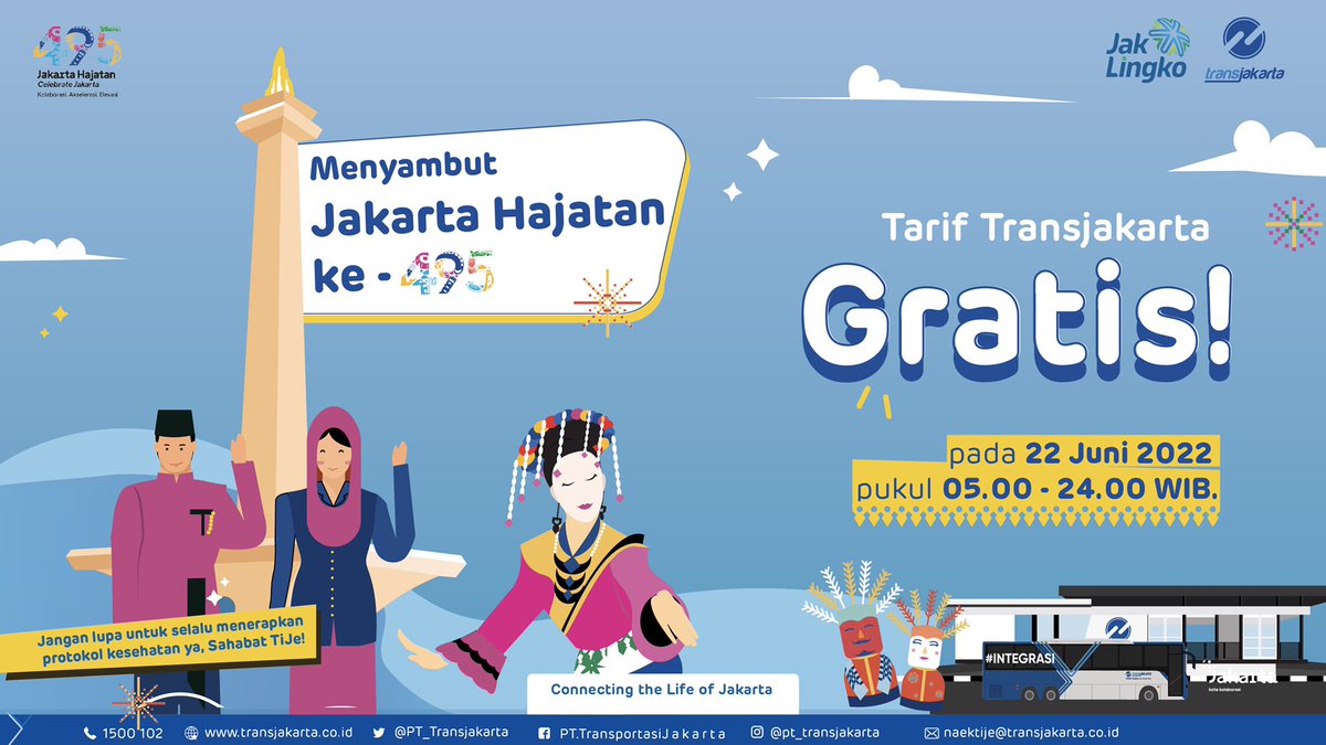 Sahabat TiJe, dalam rangka memeriahkan momen Jakarta Hajatan ke-495, pelanggan dapat menikmati layanan Transjakarta dengan tarif Gratis pada 22 Juni 2022 mulai pukul 05.00 - 24.00 WIB.

Layanan ini berlaku pada seluruh layanan Transjakarta, kecuali Royaltrans.