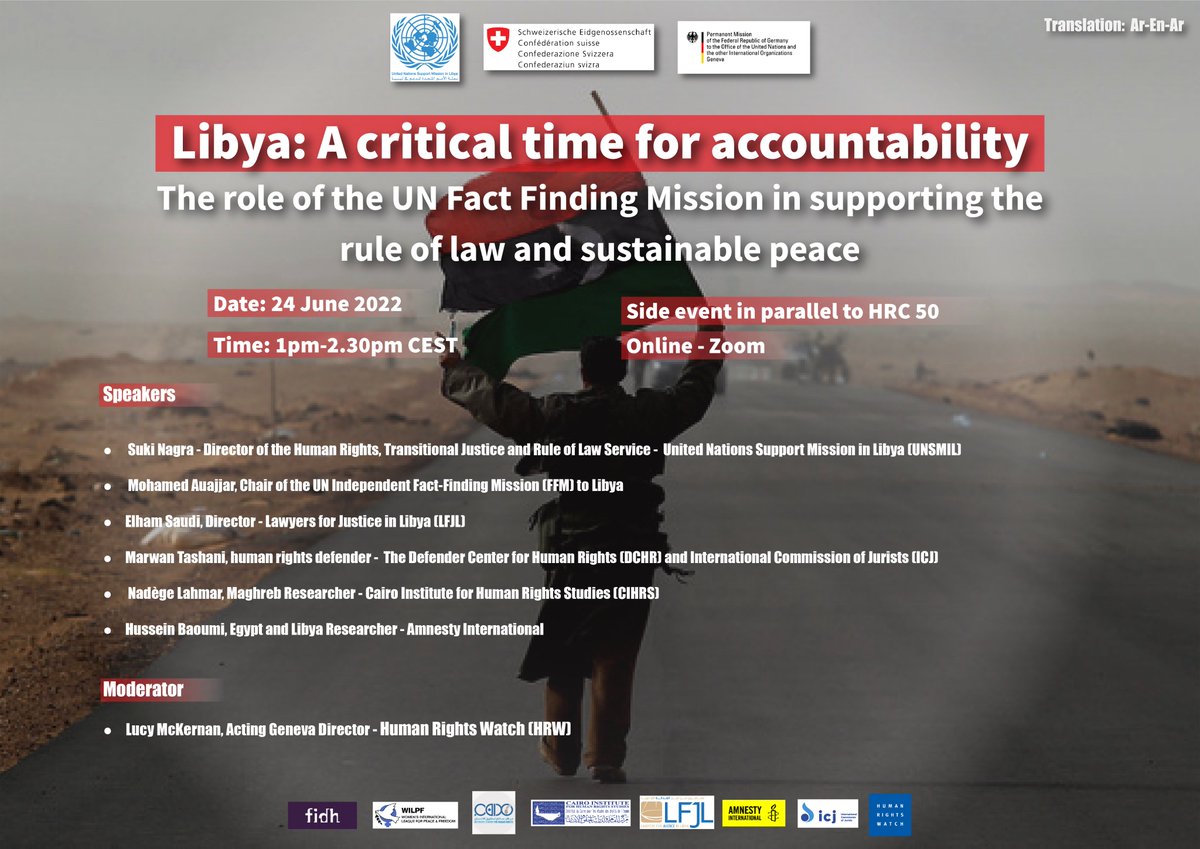 defender_center's tweet photo. 🟥Seminar 🇱🇾 #Libya: A critical time for #accountability; The role of the #UN Fact-Finding Mission in supporting the rule of law and sustainable #peace ✏️ Registration link : https://t.co/4XjYL9k61l https://t.co/ZU5RuZyhDg