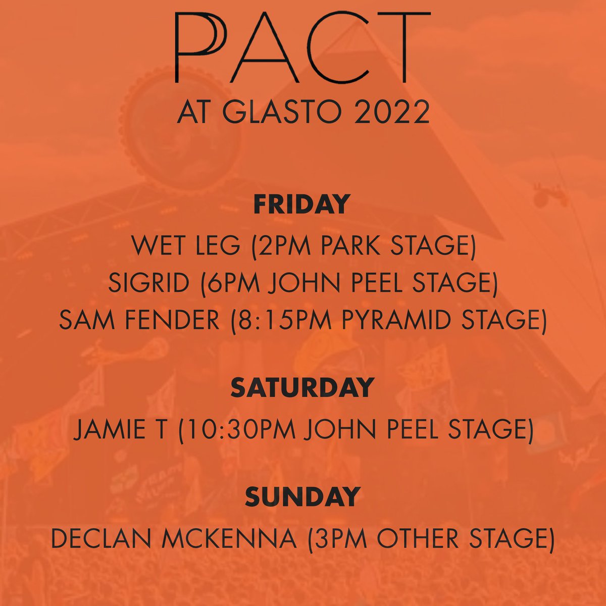 pact_digital's tweet photo. See you in the fields 🤝

@wetlegband 
@thisissigrid 
@samfendermusic 
@jamietmusic 
@DeclanMcKenna https://t.co/T1ng0Qb9sB