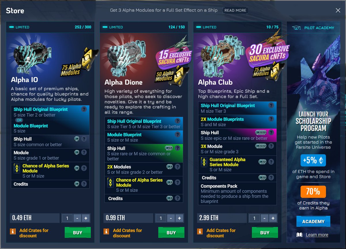 ⌛️525 Alpha Crates in the Store in 1 hour!

Alpha Sacura Ships will be in extremely short supply - only 45 of 'em will ever exist. It is also the only opportunity to collect the full set of Alpha Ships and Modules to unlock unique effects in the game.

play.farsite.online