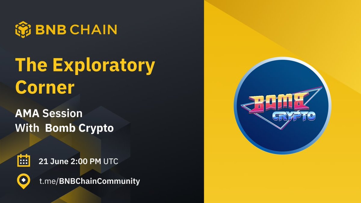 Join us today to get to know more about <a href="/BombCryptoGame/">Bomb Crypto (BCOIN)</a>✨

📅 June 21
⏰ 2:00 PM UTC
📍t.me/BNBchaincommun…

#AMA #BNBChain