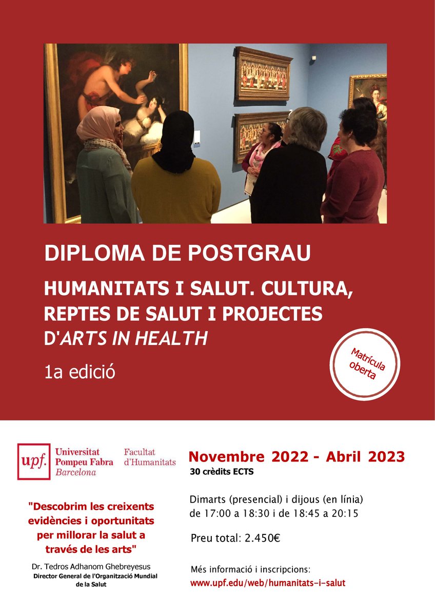 HumanitatsUPF's tweet photo. Nou Diploma de Postgrau en Humanitats i Salut. Cultura, reptes de salut i projectes d'Arts in Health a UPF #humanitatsisalut #UPFBarcelona #HumanitatsUPF https://t.co/JwYdraZJXk