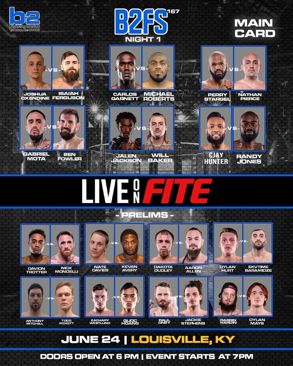 Triller_TV's tweet photo. The biggest card of the year is split into 2β£ nights
The #MMA leader, @b2_fighting presents #B2FS167 and #B2FS168 on FITE
On June 25, Peter New will face #UFC vet Dom Steele, and on 6/24, Josh Oxendine will face Isaiah Ferguson in the headliners
LIVE π https://t.co/kJyuuHvi9m https://t.co/YKOQ1pemMe