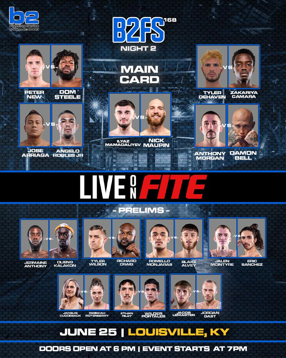 Triller_TV's tweet photo. The biggest card of the year is split into 2β£ nights
The #MMA leader, @b2_fighting presents #B2FS167 and #B2FS168 on FITE
On June 25, Peter New will face #UFC vet Dom Steele, and on 6/24, Josh Oxendine will face Isaiah Ferguson in the headliners
LIVE π https://t.co/kJyuuHvi9m https://t.co/YKOQ1pemMe