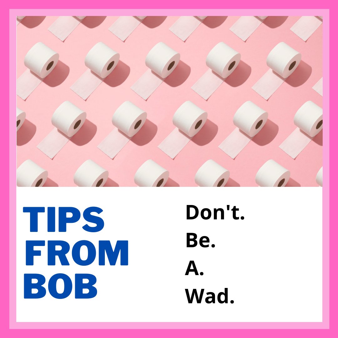 BobHamiltonPLB's tweet photo. #TuesdayTip Time Again! We don't mean to be harsh, but when it comes to bathroom activity, #DontBeAWad. Use thicker toilet paper when handling business, and Don't Wad Up, to prevent plumbing issues from occurring. https://t.co/1H8n5EZgW3 #TuesdayTip #BathroomHeroesWithoutCape https://t.co/0aUJxQhTpA