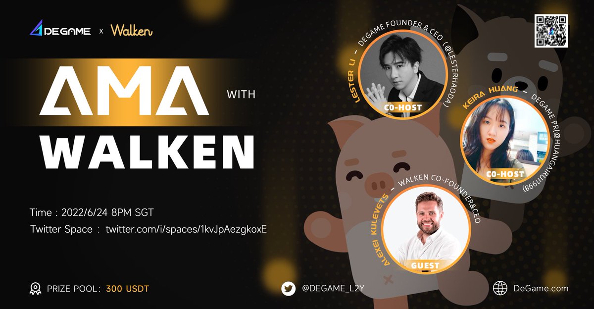 degame_l2y's tweet photo. 📣 @degame_l2y together with @LesterHaoda &amp; co-host @huangairui1998 are excited to host an #AMA with @walken_io

🕗 24th June 2022 8PM (SGT)

🔗 #TwitterSpaces:  https://t.co/f9DqybFvN8

🤫 Pssst… Looks like their  #CAThletes are bringing some prizes along.

#Move2Earn #NFT https://t.co/tqlc81C3Th