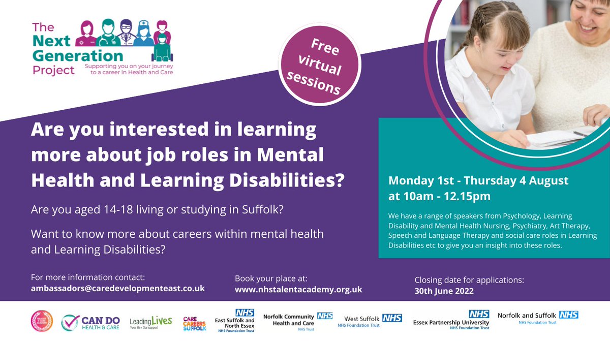 CanDo_Together's tweet photo. Applications are open for these virtual sessions. Real-life practical advice &amp; info on pathways into careers &amp; jobs within #mentalhealth &amp; #learningdisabilities.
APPLY TODAY! https://t.co/LMBYImGRfc

#jobopportunity #trainingforsuccess #NHSJobs https://t.co/KKGWg90VOm