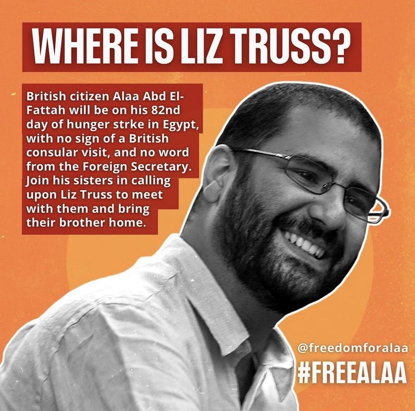 Join us tomorrow outside the FCDO for a solstice vigil and protest for Alaa, to call upon Foreign Secretary Liz Truss to meet with his family Bring banners and friends and share widely in your networks #SaveAlaa #FreeAlaa