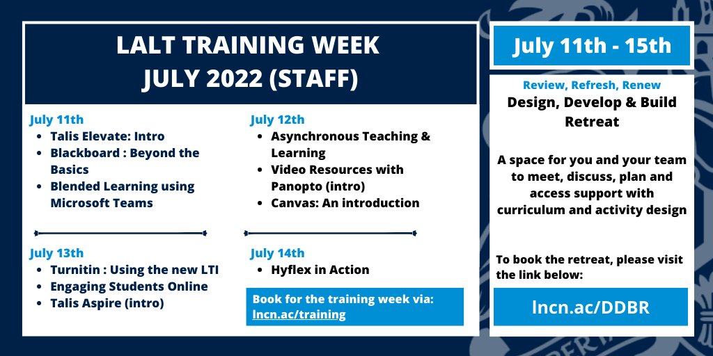 LALT Training Week | 11th - 15th July 2022 You are invited to join us for our training week sessions relating to key tools and pedagogic approaches. To book on to our training week, please visit 'Myview'. You can filter by 'Digital Education' to find our courses